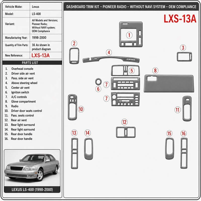Lexus LS-400 1998-2000 3D Cockpit Dekor Interieurleisten Set As shown in product diagram-teilig
