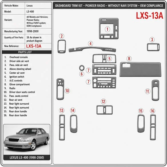 Lexus LS-400 1998-2000 3D Cockpit Dekor Interieurleisten Set As shown in product diagram-teilig