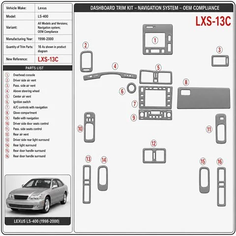Lexus LS-400 1998-2000 3D Cockpit Dekor Interieurleisten Set As shown in product diagram-teilig