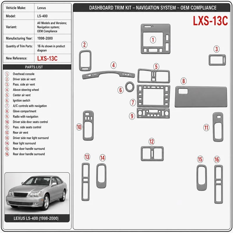 Lexus LS-400 1998-2000 3D Cockpit Dekor Interieurleisten Set As shown in product diagram-teilig