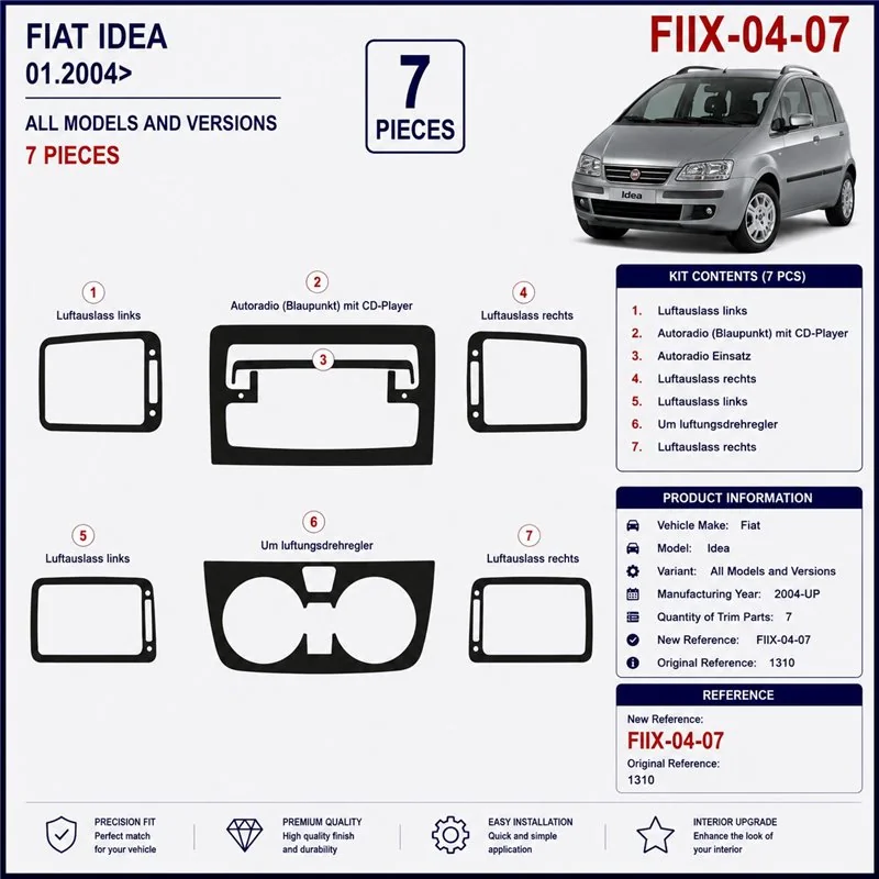 Fiat Idea 2004+ 3D Armaturenbrett-Dekor-Set, 7 Teile