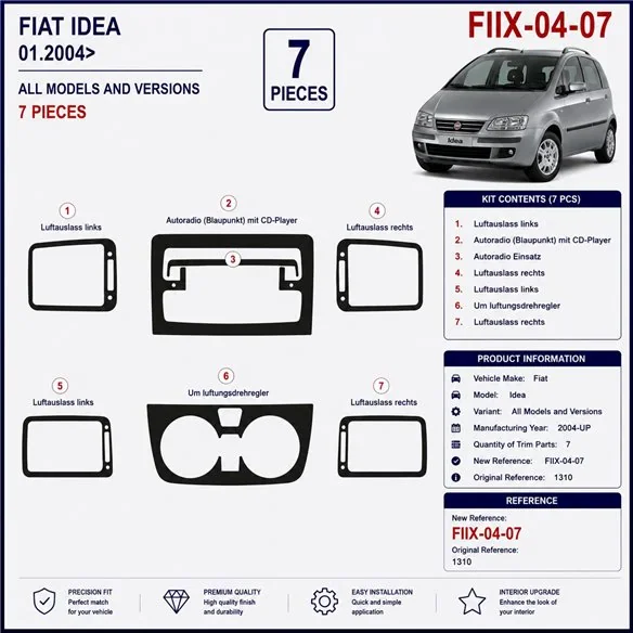 Fiat Idea 2004+ 3D Armaturenbrett-Dekor-Set, 7 Teile