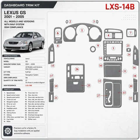 Lexus GS 2001-2005 3D Cockpit Dekor Interieurleisten Set As shown in product diagram-teilig