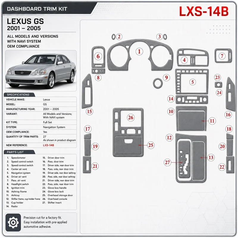 Lexus GS 2001-2005 3D Cockpit Dekor Interieurleisten Set As shown in product diagram-teilig