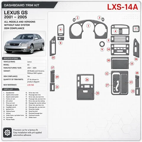 Lexus GS 2001-2005 3D Cockpit Dekor Interieurleisten Set As shown in product diagram-teilig