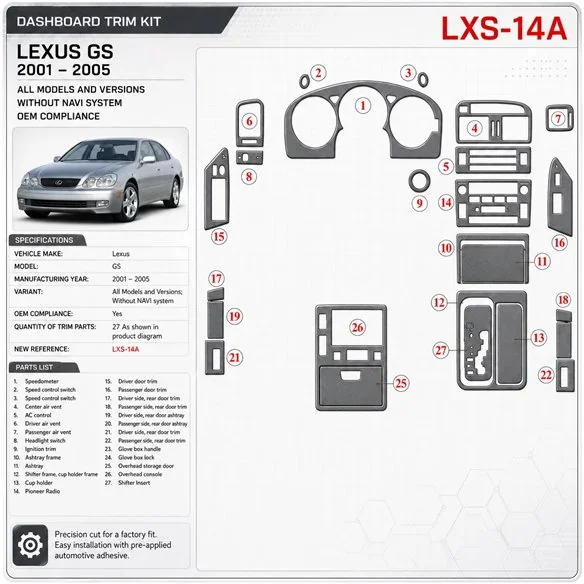 Lexus GS 2001-2005 3D Cockpit Dekor Interieurleisten Set As shown in product diagram-teilig