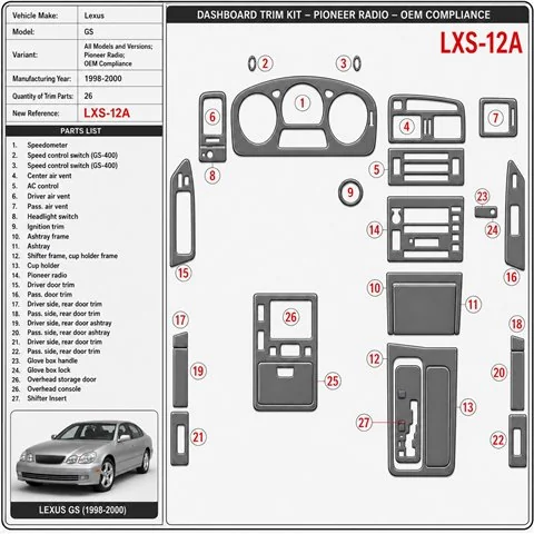 Lexus GS 1998-2000 3D Cockpit Dekor Interieurleisten Set 26-teilig