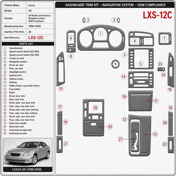 Lexus GS 1998-2000 3D Cockpit Dekor Interieurleisten Set 26-teilig