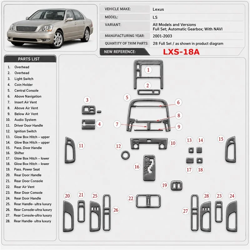 Lexus LS 2001-2003 3D Cockpit Dekor Interieurleisten Set Full Set / as shown in product diagram-teilig