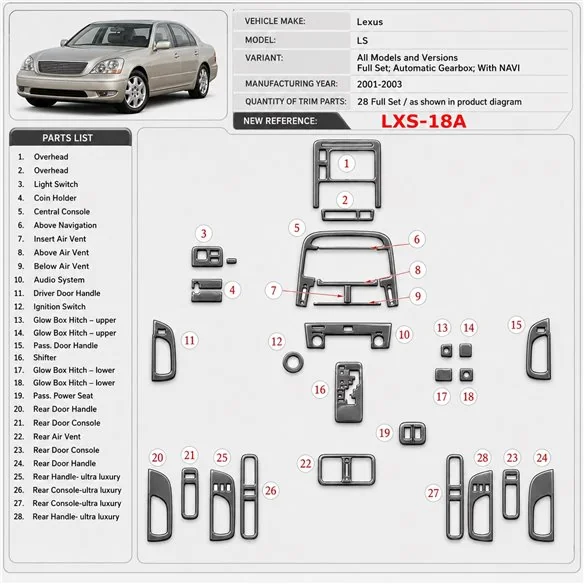 Lexus LS 2001-2003 3D Cockpit Dekor Interieurleisten Set Full Set / as shown in product diagram-teilig