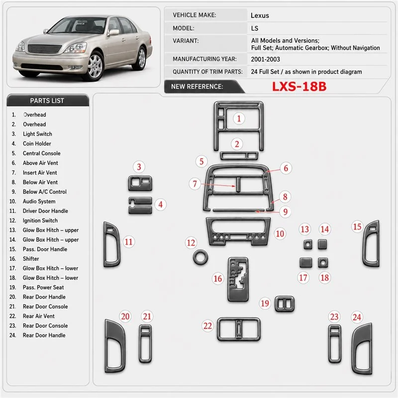 Lexus LS 2001-2003 3D Cockpit Dekor Interieurleisten Set Full Set / as shown in product diagram-teilig