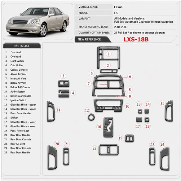 Lexus LS 2001-2003 3D Cockpit Dekor Interieurleisten Set Full Set / as shown in product diagram-teilig