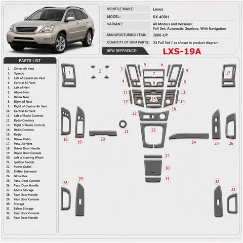 Lexus RX 400H 2006-heute 3D Cockpit Dekor Interieurleisten Set Full Set / as shown in product diagram-teilig
