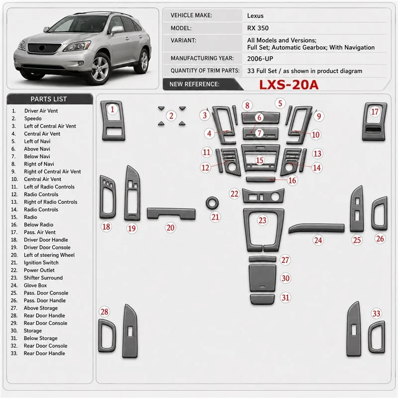 Lexus RX 350 2006-heute 3D Cockpit Dekor Interieurleisten Set Full Set / as shown in product diagram-teilig