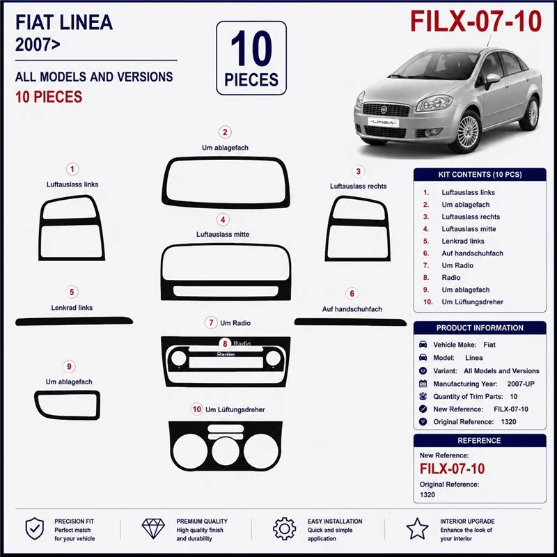 Fiat Linea 2007+ 3D Armaturenbrett-Dekor-Set, 10 Teile