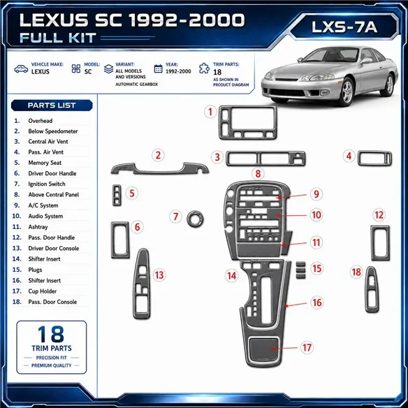Lexus SC 1992-2000 3D Cockpit Dekor Interieurleisten Set As shown in product diagram-teilig