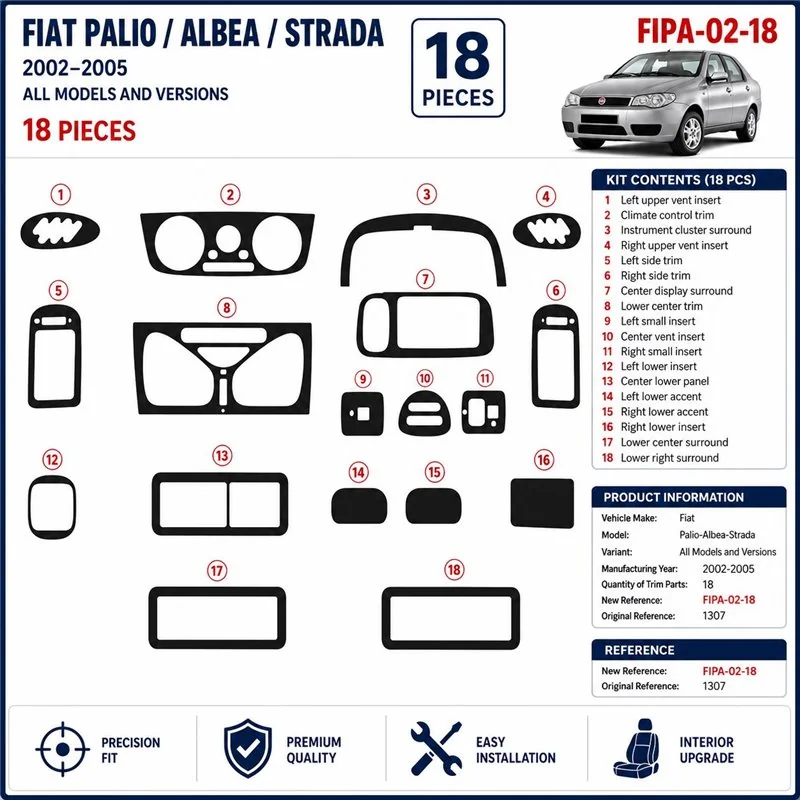 Fiat Palio-Albea-Strada 2002-2005 3D Armaturenbrett-Dekor-Set, 18 Teile
