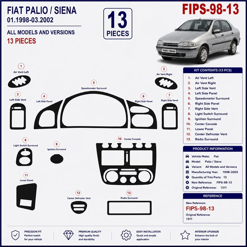 Fiat Palio-Siena 1998-2002 3D Armaturenbrett-Dekor-Set, 13 Teile