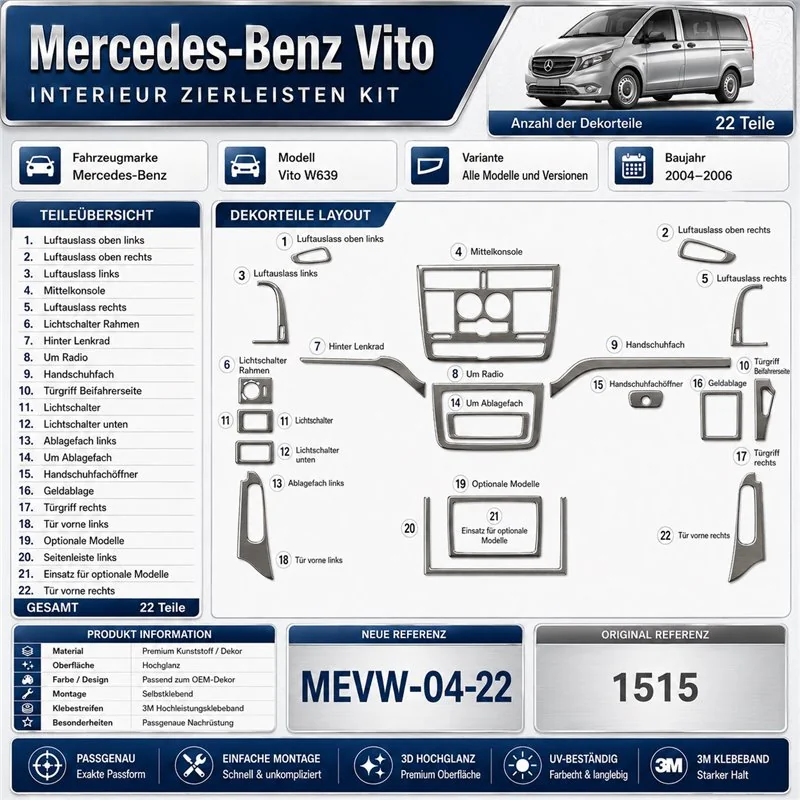 Mercedes-Benz Vito W639 2004-2006 3D Cockpit Dekor Interieurleisten Set 22-teilig