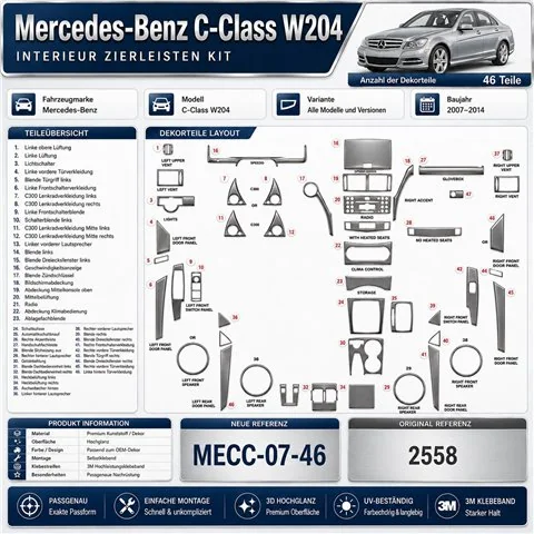 Mercedes C-Class W204 2007-2014 3D Armaturenbrett-Dekor-Set, 46 Teile 2