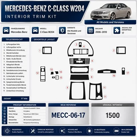 Mercedes C-Class W204 2006+ 3D Armaturenbrett-Dekor-Set, 17 Teile 2