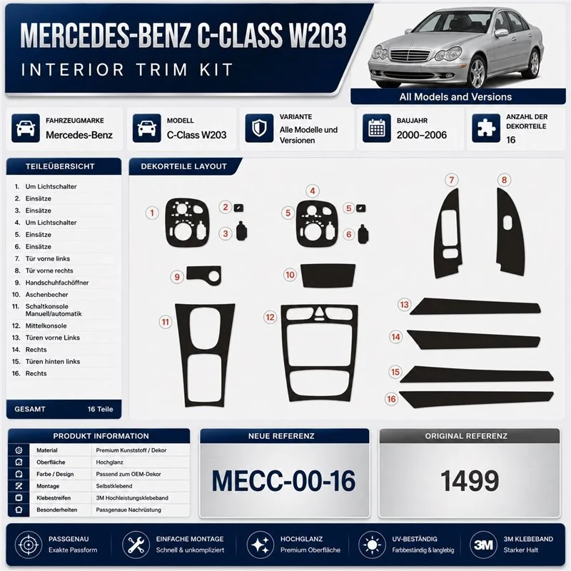 Mercedes-Benz C-Class W203 2000-2006 3D Cockpit Dekor Interieurleisten Set 16-teilig