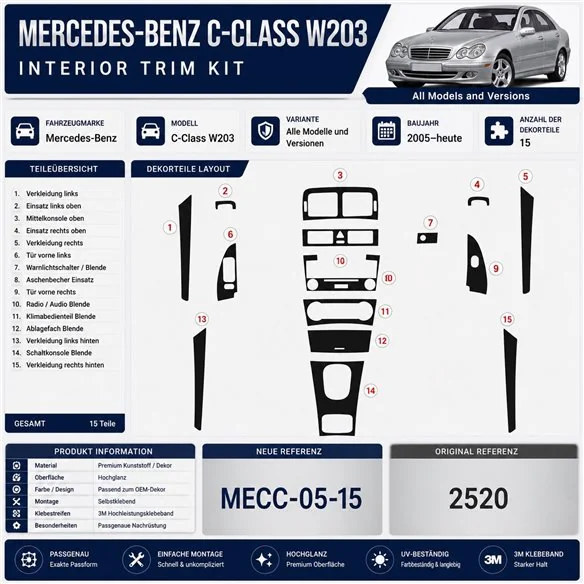 Mercedes-Benz C-Class W203 2005-heute 3D Cockpit Dekor Interieurleisten Set 15-teilig