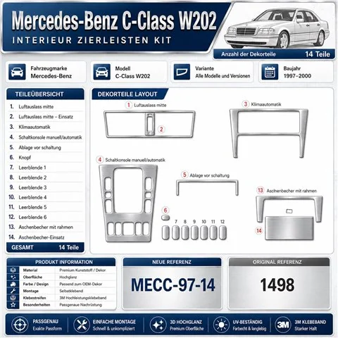 Mercedes C-Class W202 1997-2000 3D Armaturenbrett-Dekor-Set, 14 Teile 2