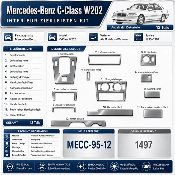 Mercedes-Benz C-Class W202 1995-1997 3D Cockpit Dekor Interieurleisten Set 12-teilig