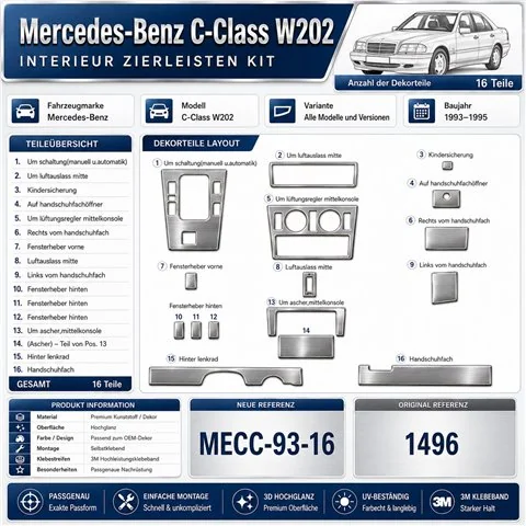 Mercedes C-Class W202 1993-1995 3D Armaturenbrett-Dekor-Set, 16 Teile 2