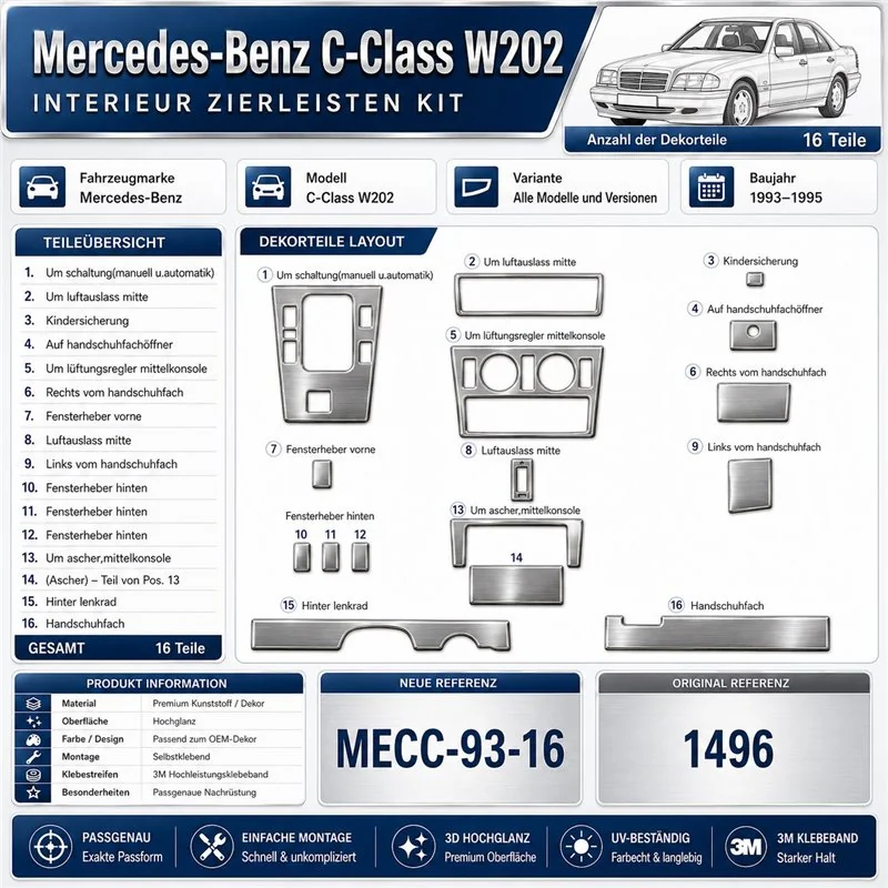 Mercedes-Benz C-Class W202 1993-1995 3D Cockpit Dekor Interieurleisten Set 16-teilig