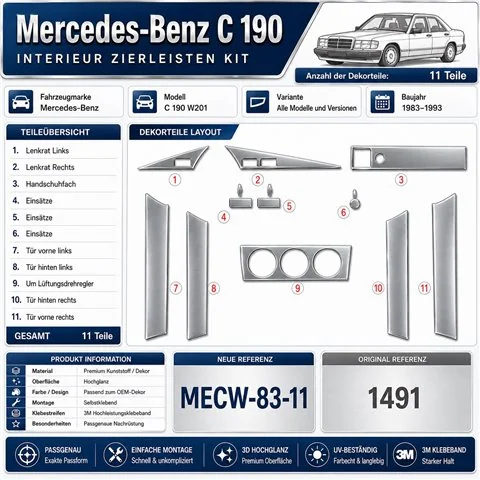 Mercedes C 190 W201 1983-1993 3D Armaturenbrett-Dekor-Set, 11 Teile 2