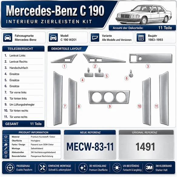 Mercedes-Benz C 190 W201 1983-1993 3D Cockpit Dekor Interieurleisten Set 11-teilig