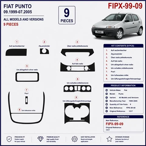 Fiat Punto 1999-2005 3D Armaturenbrett-Dekor-Set, 9 Teile 2