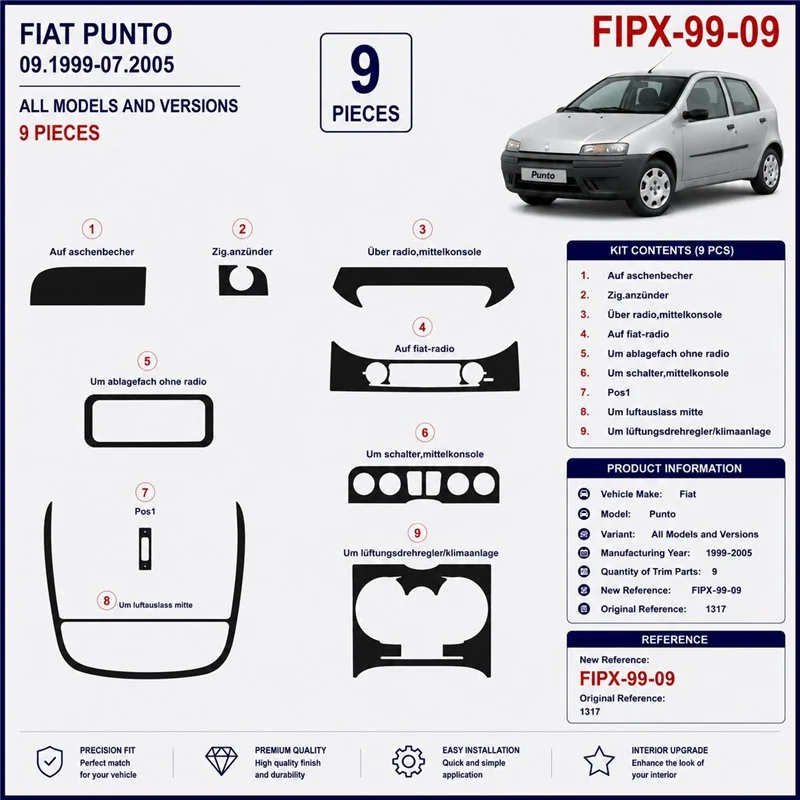Fiat Punto 1999-2005 3D Armaturenbrett-Dekor-Set, 9 Teile