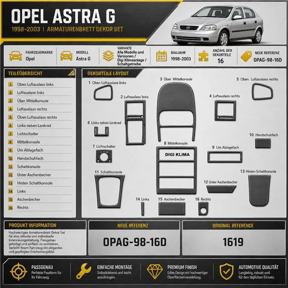Opel Astra G 1998-2003 3D Cockpit Dekor Interieurleisten Set 16-teilig