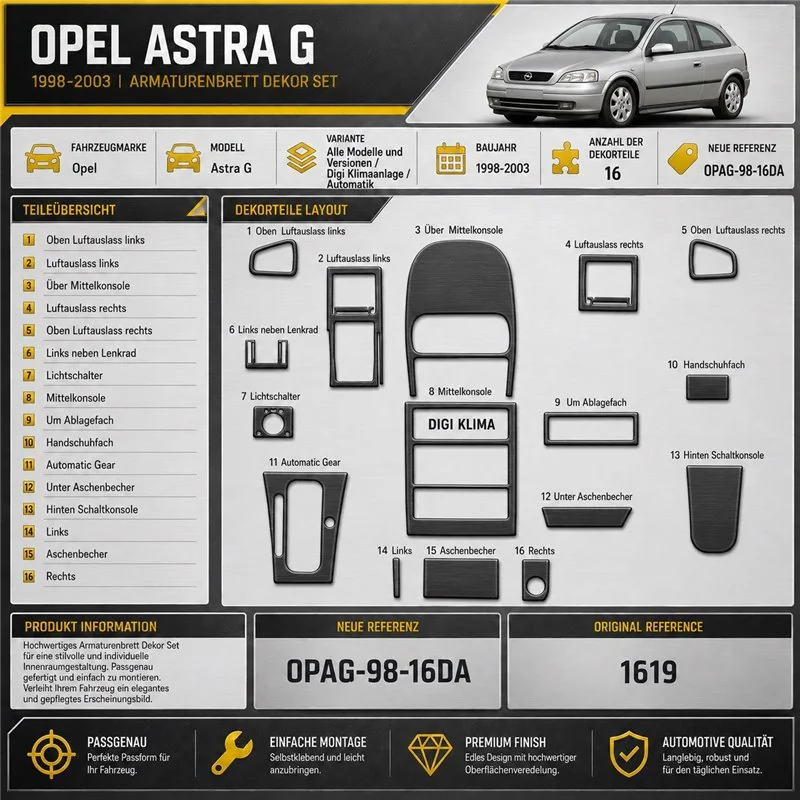 Opel Astra G 1998-2003 3D Cockpit Dekor Interieurleisten Set 16-teilig