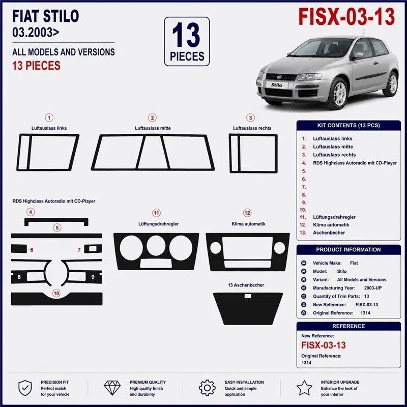 Fiat Stilo 2003+ 3D Armaturenbrett-Dekor-Set, 13 Teile
