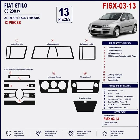 Fiat Stilo 2003+ 3D Armaturenbrett-Dekor-Set, 13 Teile