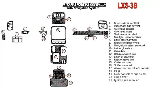 Lexus LX-470 1998-UP With NAVI system, 22 Parts set OEM Compliance BD innenausstattung armaturendekor cockpit dekor - 1- Cockpit