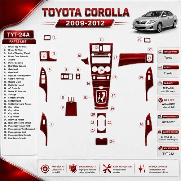 Toyota Corolla 2009-heute 3D Cockpit Dekor Interieurleisten Set Full Set / as shown in product diagram-teilig