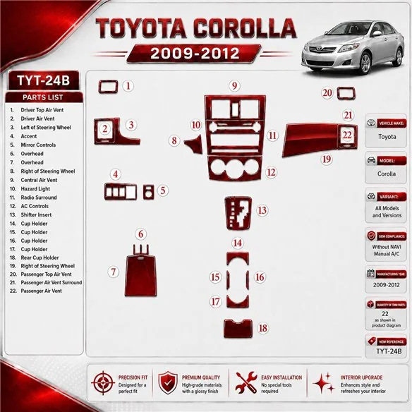 Toyota Corolla 2009-heute 3D Cockpit Dekor Interieurleisten Set As shown in product diagram-teilig