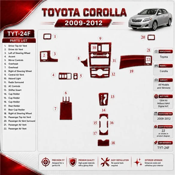 Toyota Corolla 2009-heute 3D Cockpit Dekor Interieurleisten Set As shown in product diagram-teilig