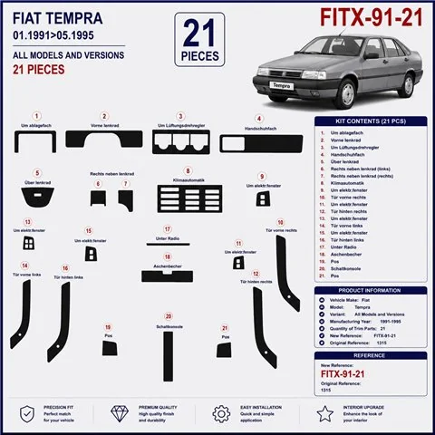 Fiat Tempra 1991-1995 3D Armaturenbrett-Dekor-Set, 21 Teile 2