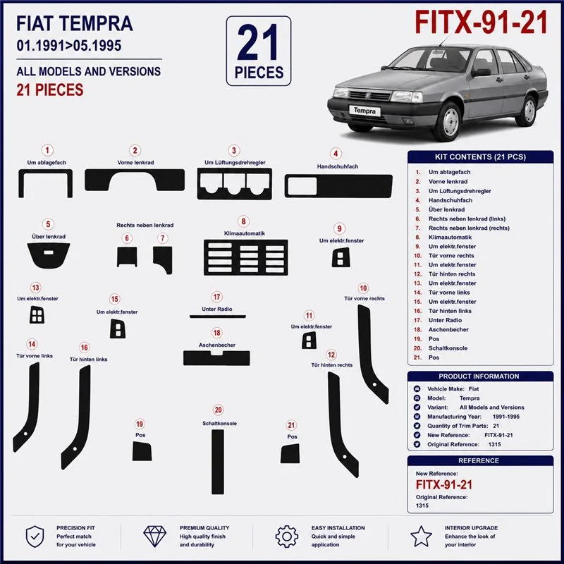 Fiat Tempra 1991-1995 3D Armaturenbrett-Dekor-Set, 21 Teile