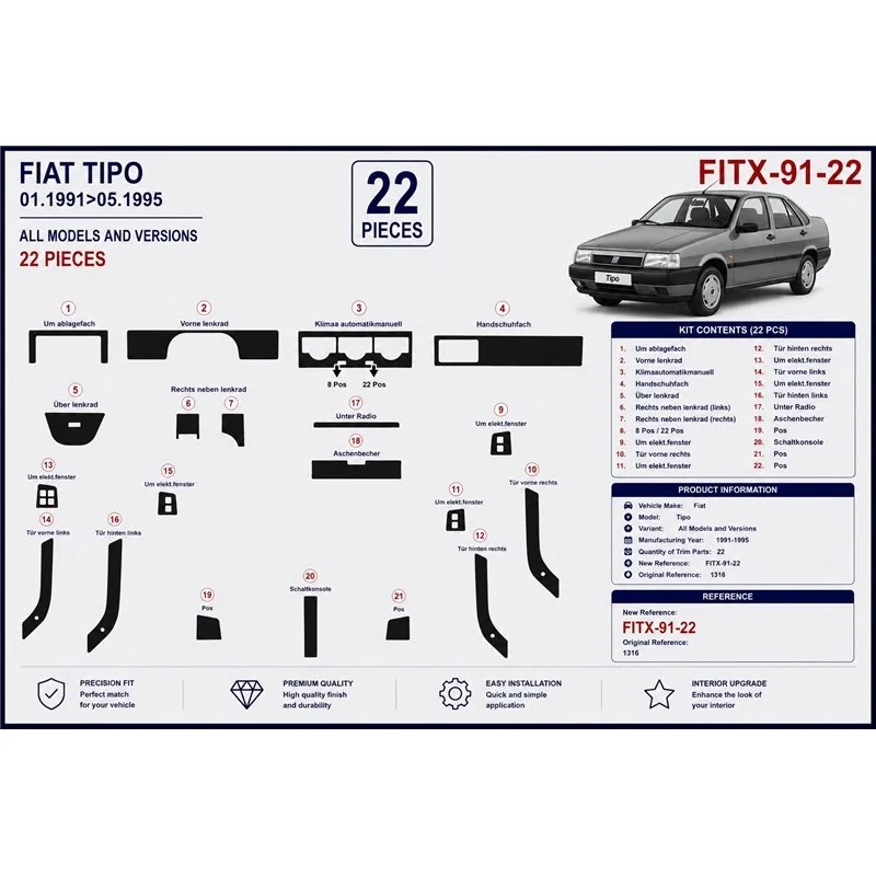 Fiat Tipo 1991-1995 3D Armaturenbrett-Dekor-Set, 22 Teile