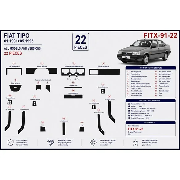 Fiat Tipo 1991-1995 3D Armaturenbrett-Dekor-Set, 22 Teile