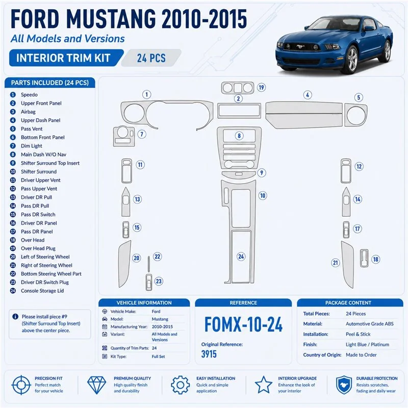 Ford Mustang 2010-2015 3D Cockpit Dekor Interieurleisten Set 24-teilig