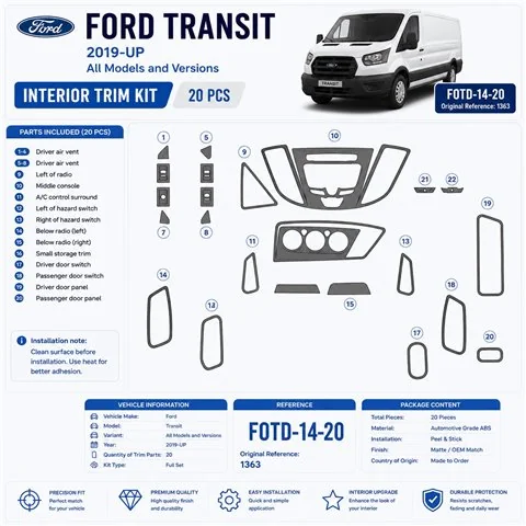 Ford Transit Dlux 2014-heute 3D Cockpit Dekor Interieurleisten Set 20-teilig