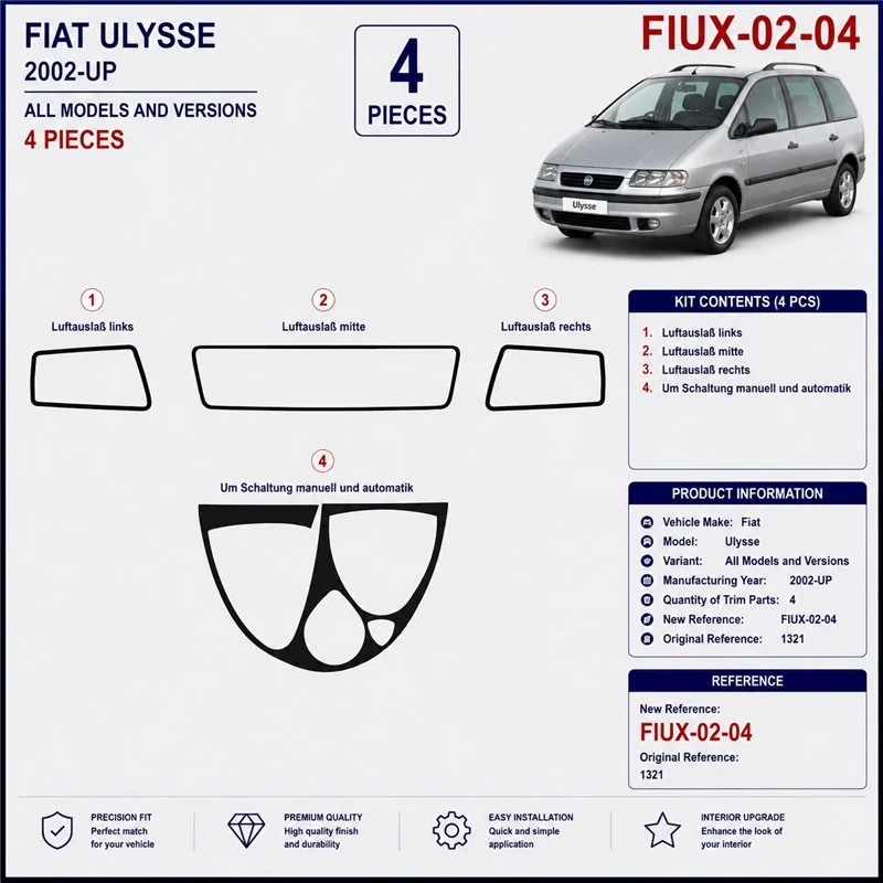Fiat Ulysse 2002+ 3D Armaturenbrett-Dekor-Set, 4 Teile